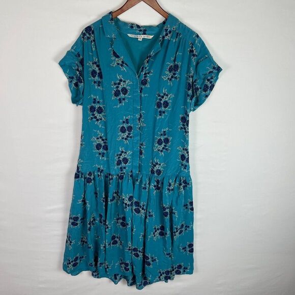 Veronica Beard Meagan Floral Silk Cap Short Sleeve Midi Dress Teal Blue 10 - Picture 3 of 9